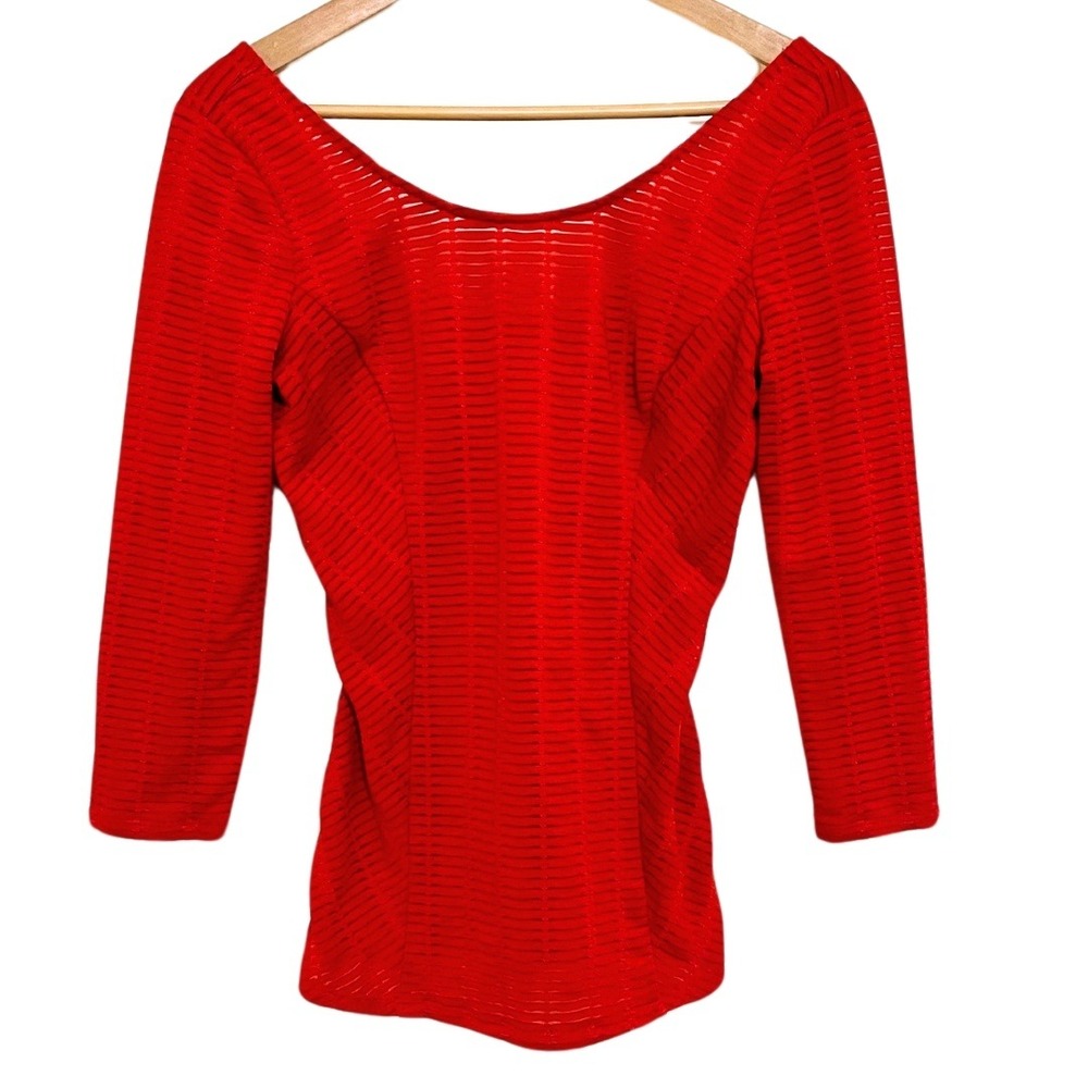 Guess Semi-Sheer Ribbon Mesh Off The Shoulder Red Scoop Back 3/4 Sleeve Top – S